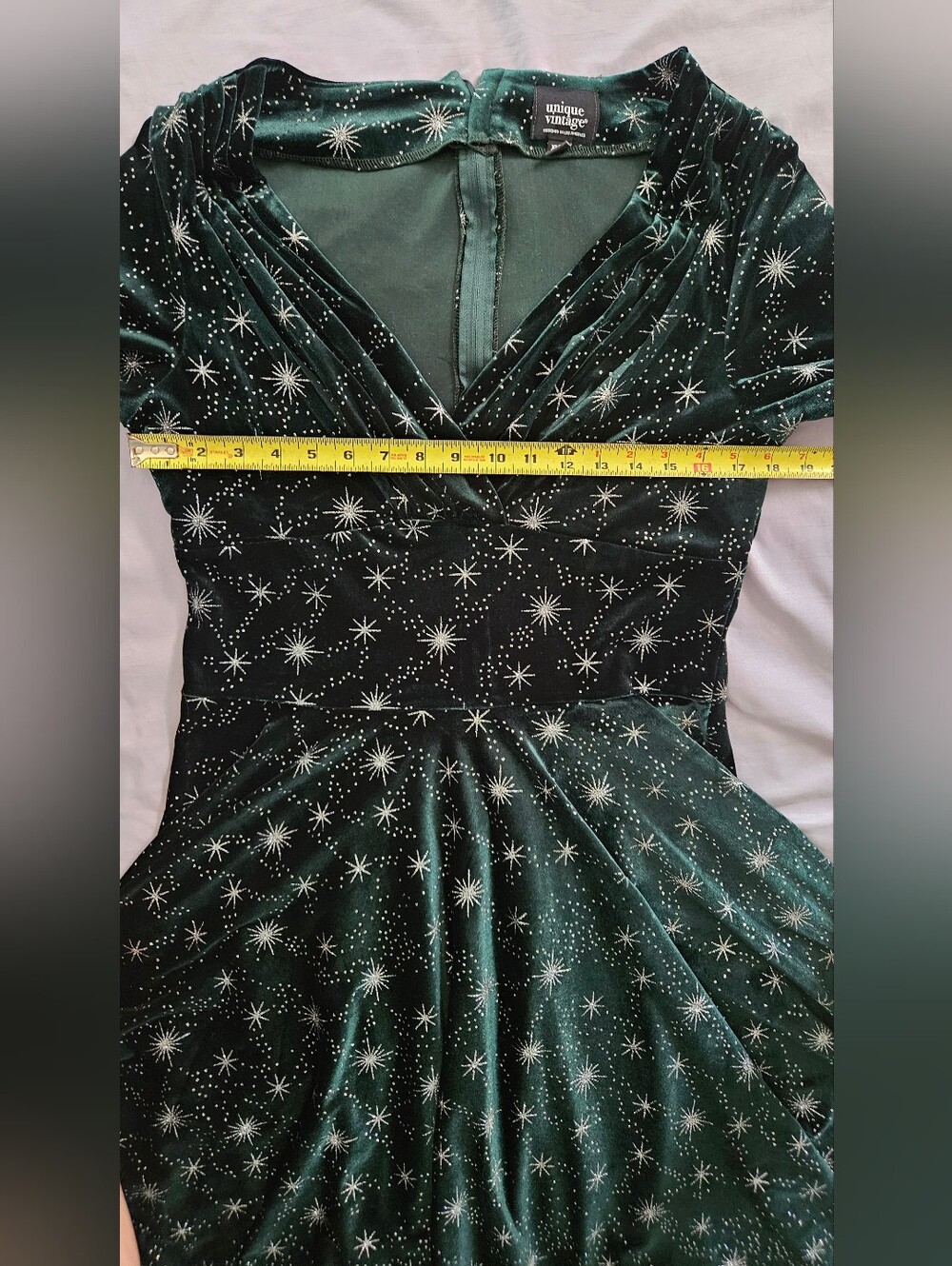 Unique Vintage Delores Velvet Celestial Swing Dress Green Silver Stars XL 14 - Picture 10 of 14